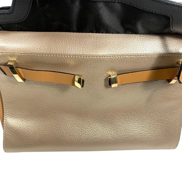 Calvin Klein Black Metallic Gold Tan Structured Satchel Buckle Lock Key EUC - Picture 16 of 16